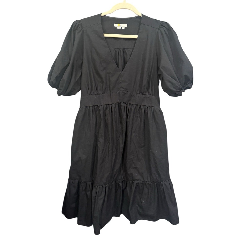 Boden Black Puff Sleeve Tiered Knee Length Dress‎ Size 14L Lagenlook Minimalist